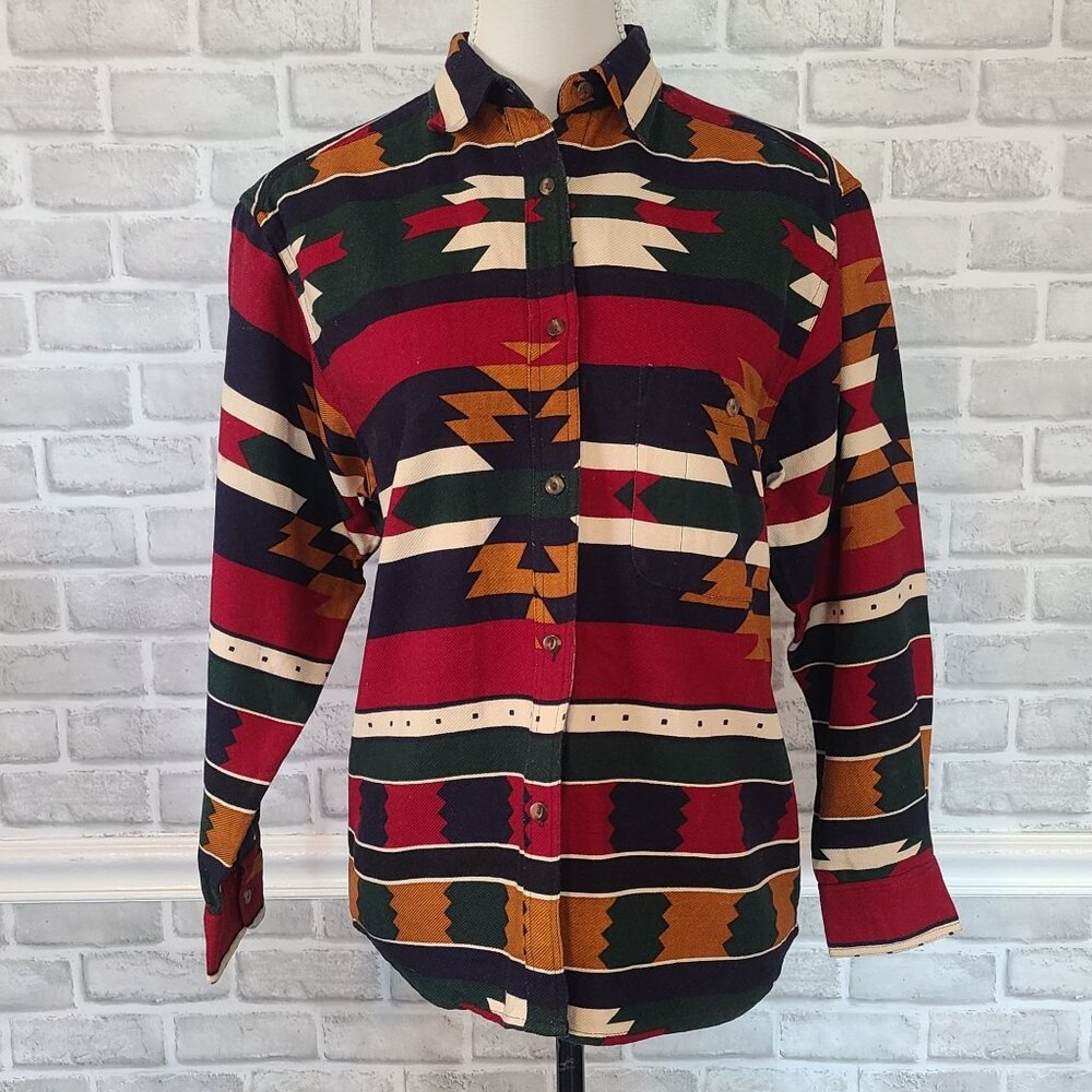 Vintage British Khaki Robert Lighton Cotton Shacket Southwest Aztec Button Up